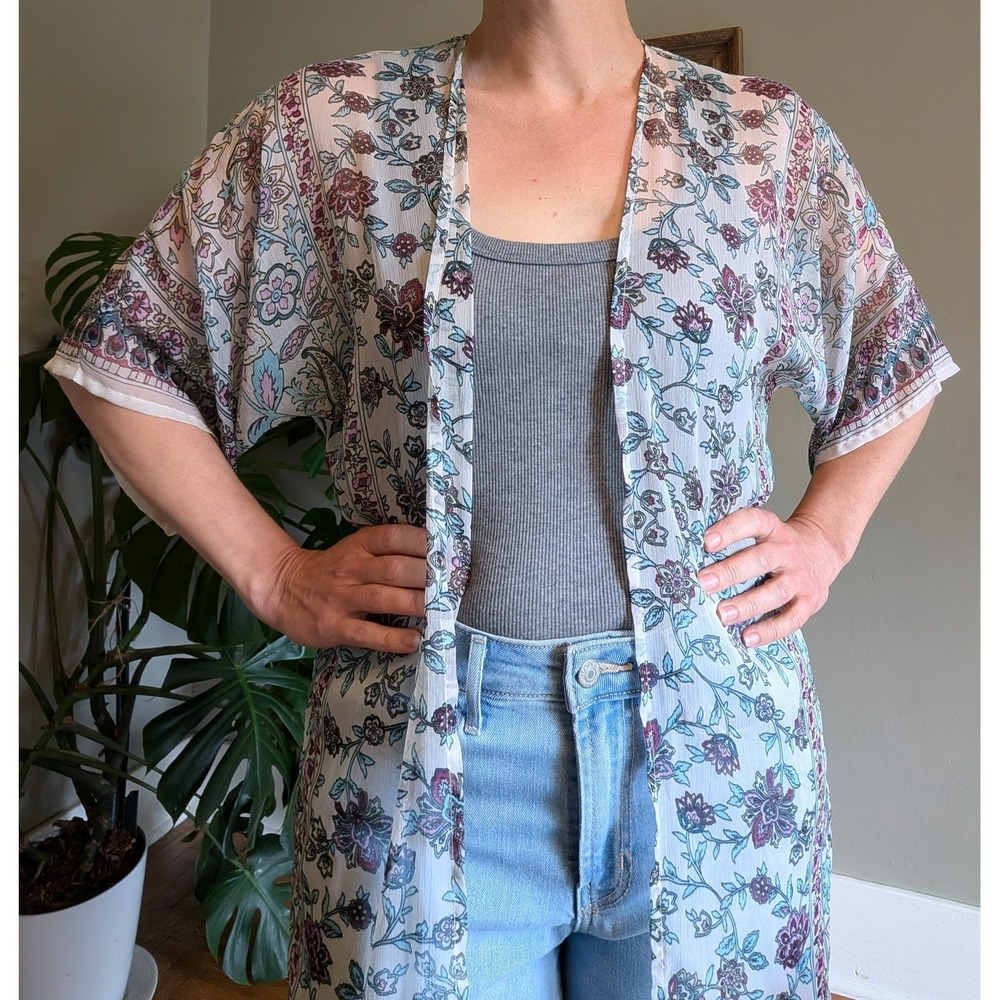 Melrose & Market Sheer Kimono Duster Sheer Boho Floral Festival Resort Vacation - Picture 2 of 11